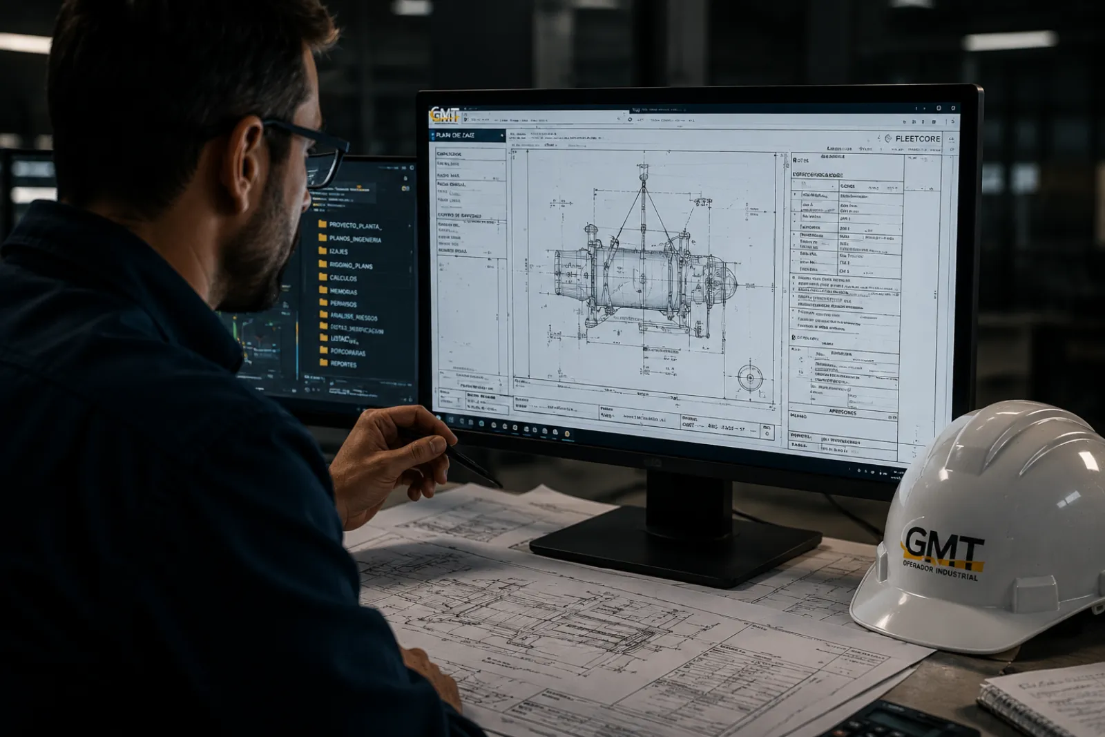 Ingeniero de GMT revisando un plano de rigging en pantalla